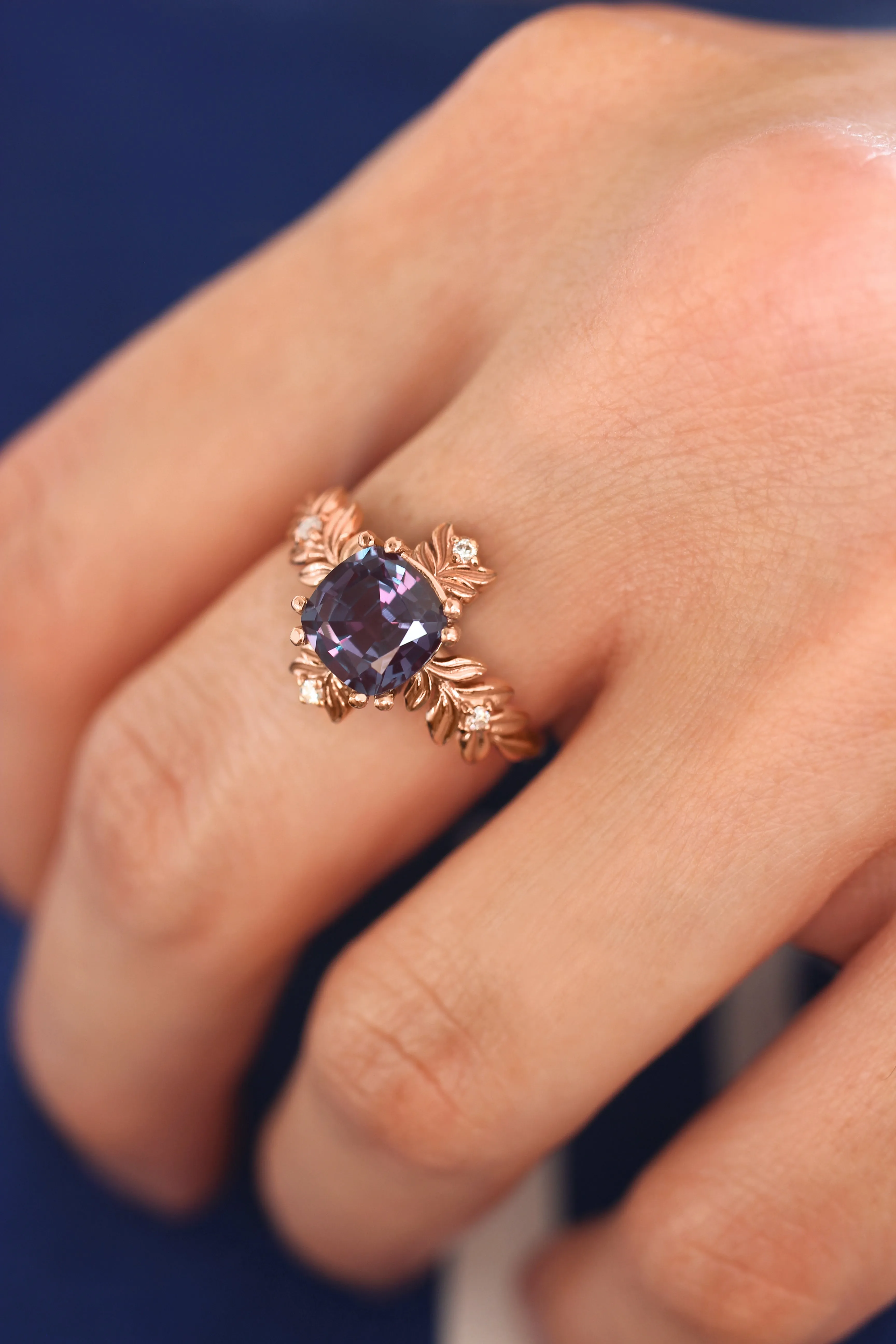 Cushion alexandrite ring with diamonds, leaf engagement ring