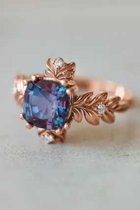 Cushion alexandrite ring with diamonds, leaf engagement ring