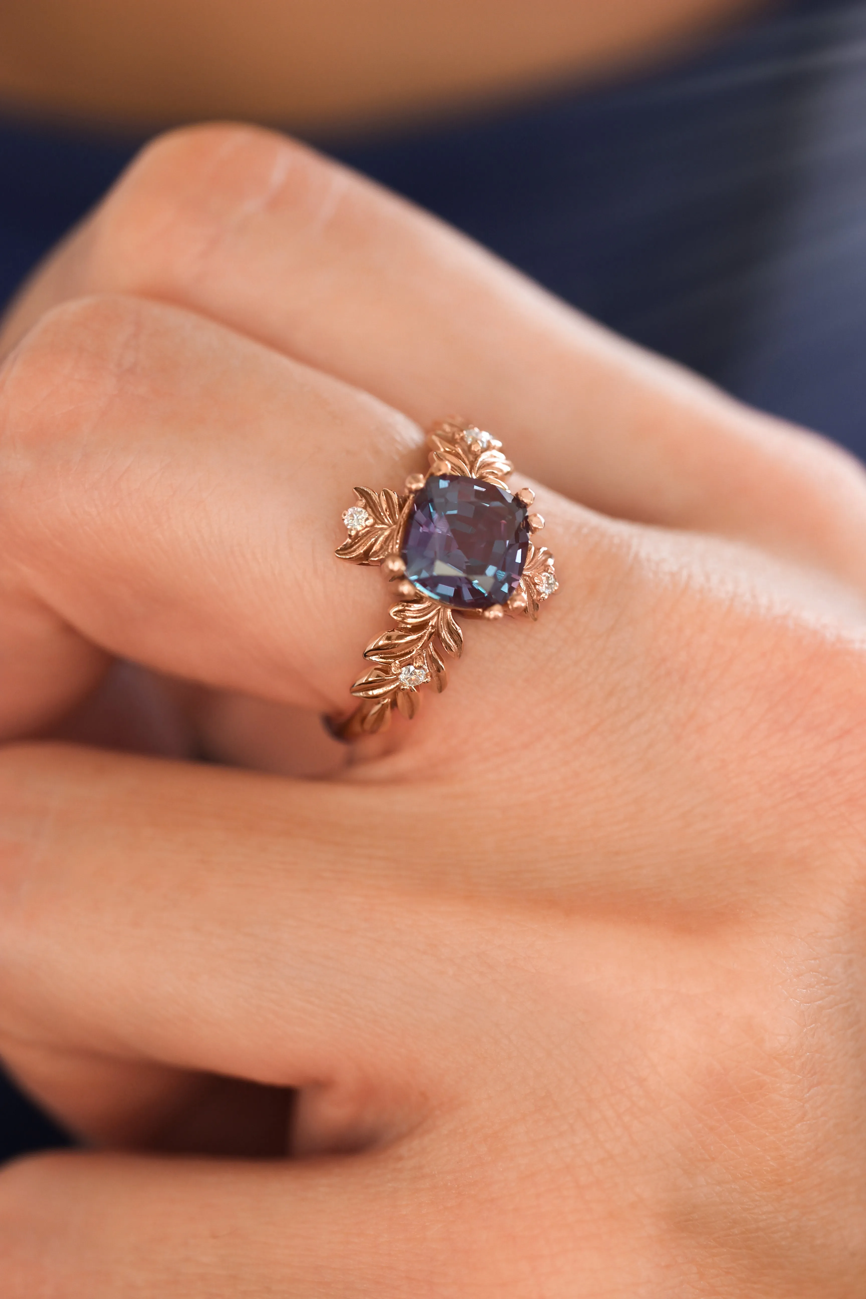 Cushion alexandrite ring with diamonds, leaf engagement ring