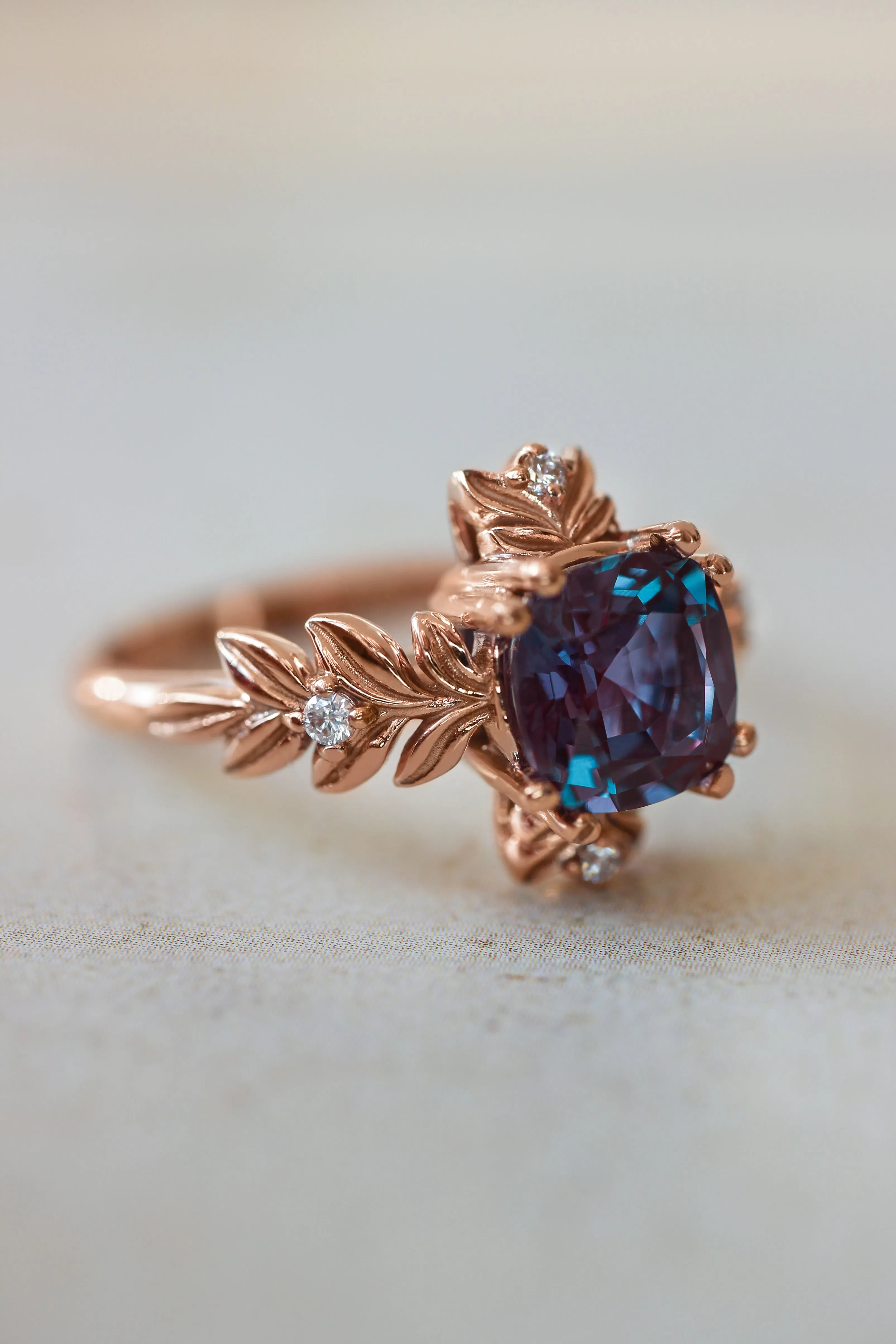 Cushion alexandrite ring with diamonds, leaf engagement ring