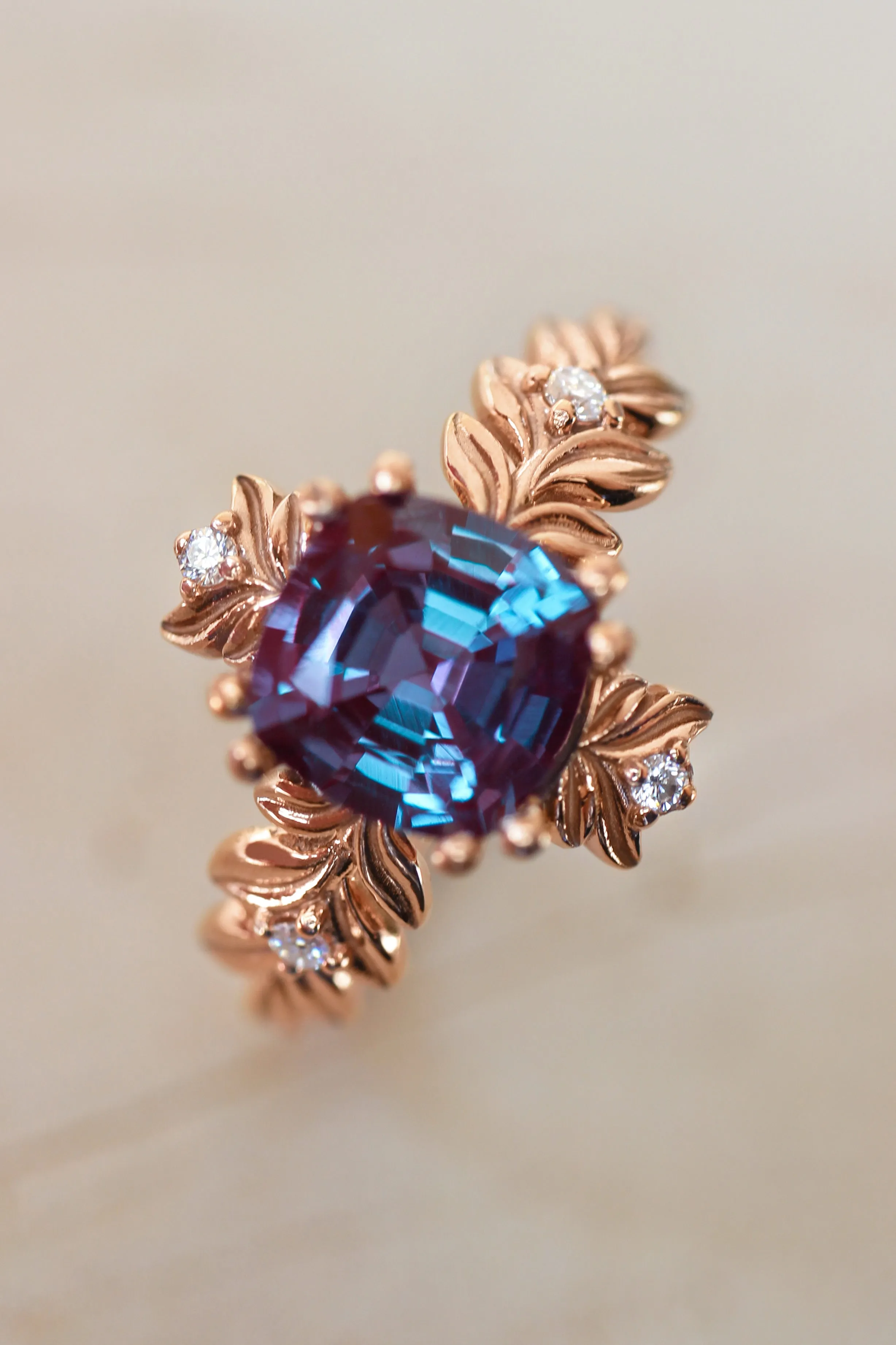 Cushion alexandrite ring with diamonds, leaf engagement ring