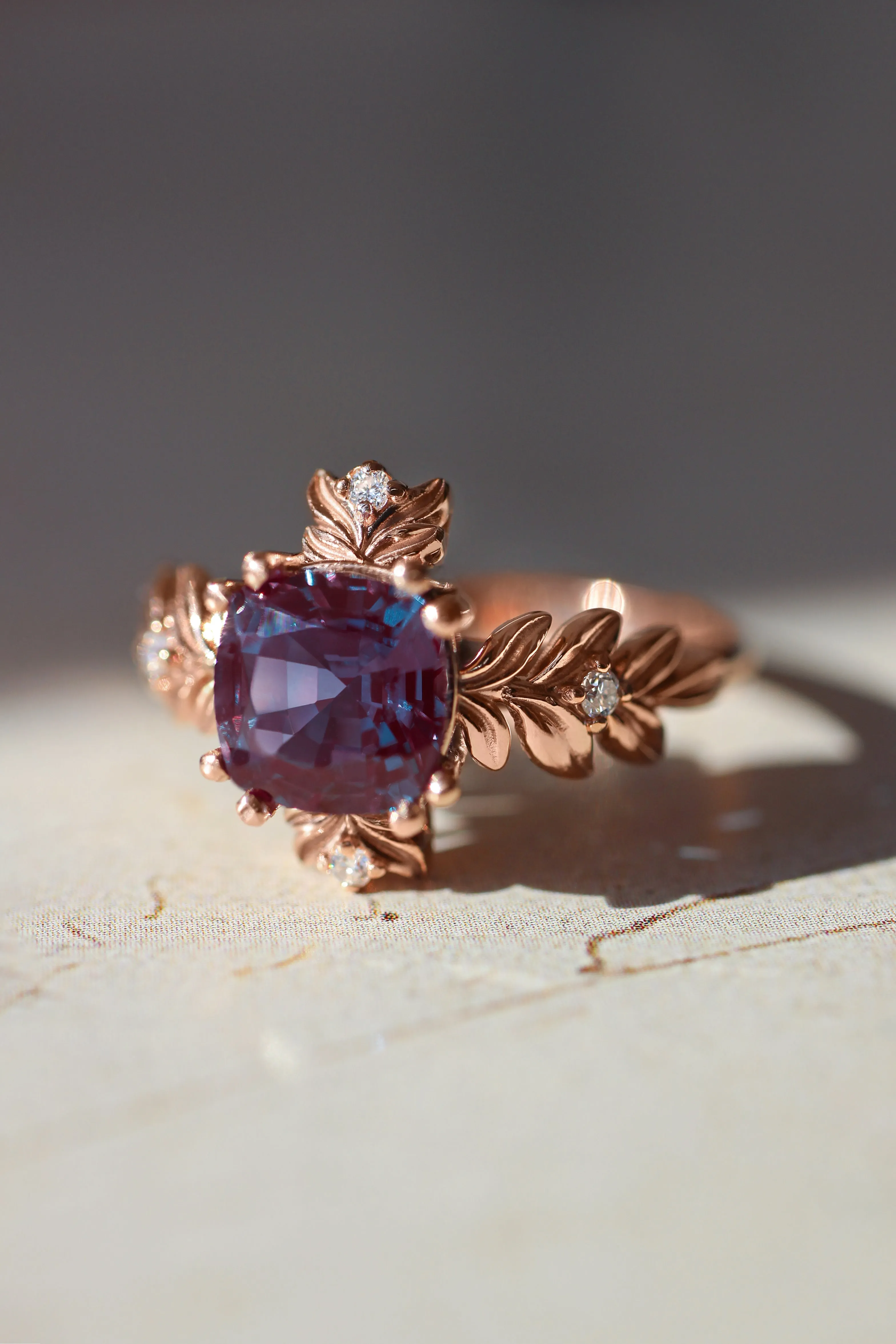 Cushion alexandrite ring with diamonds, leaf engagement ring