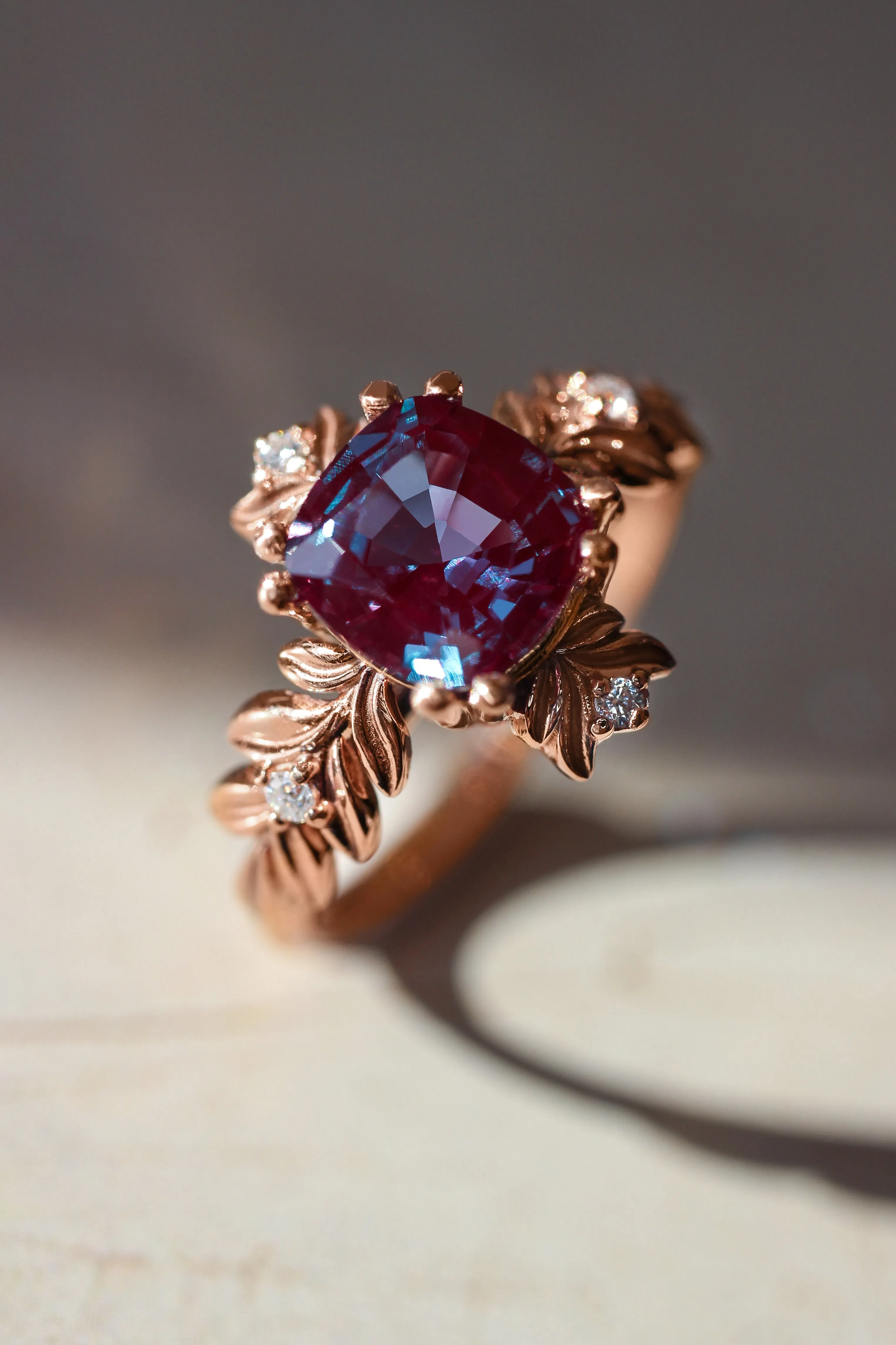 Cushion alexandrite ring with diamonds, leaf engagement ring