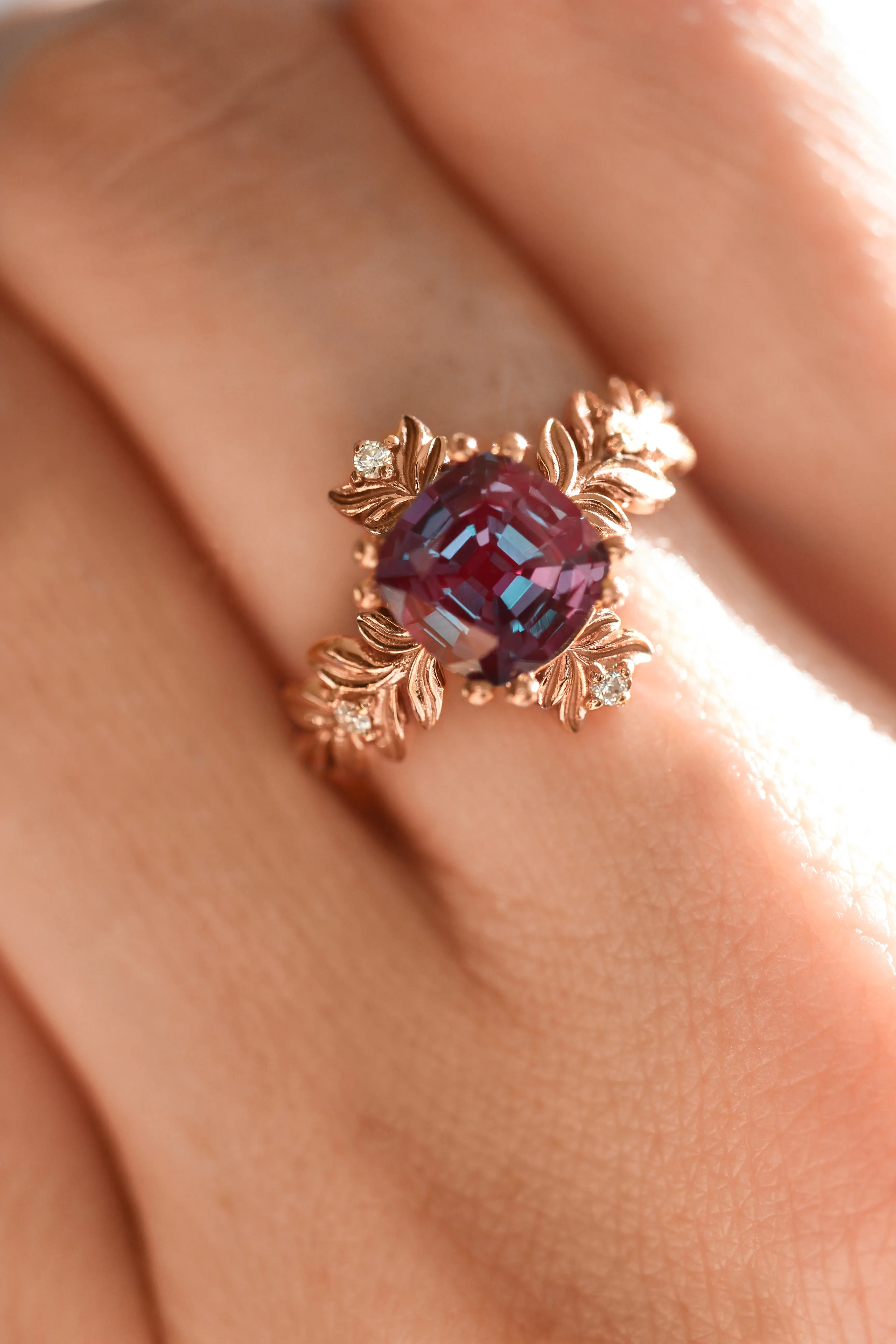 Cushion alexandrite ring with diamonds, leaf engagement ring