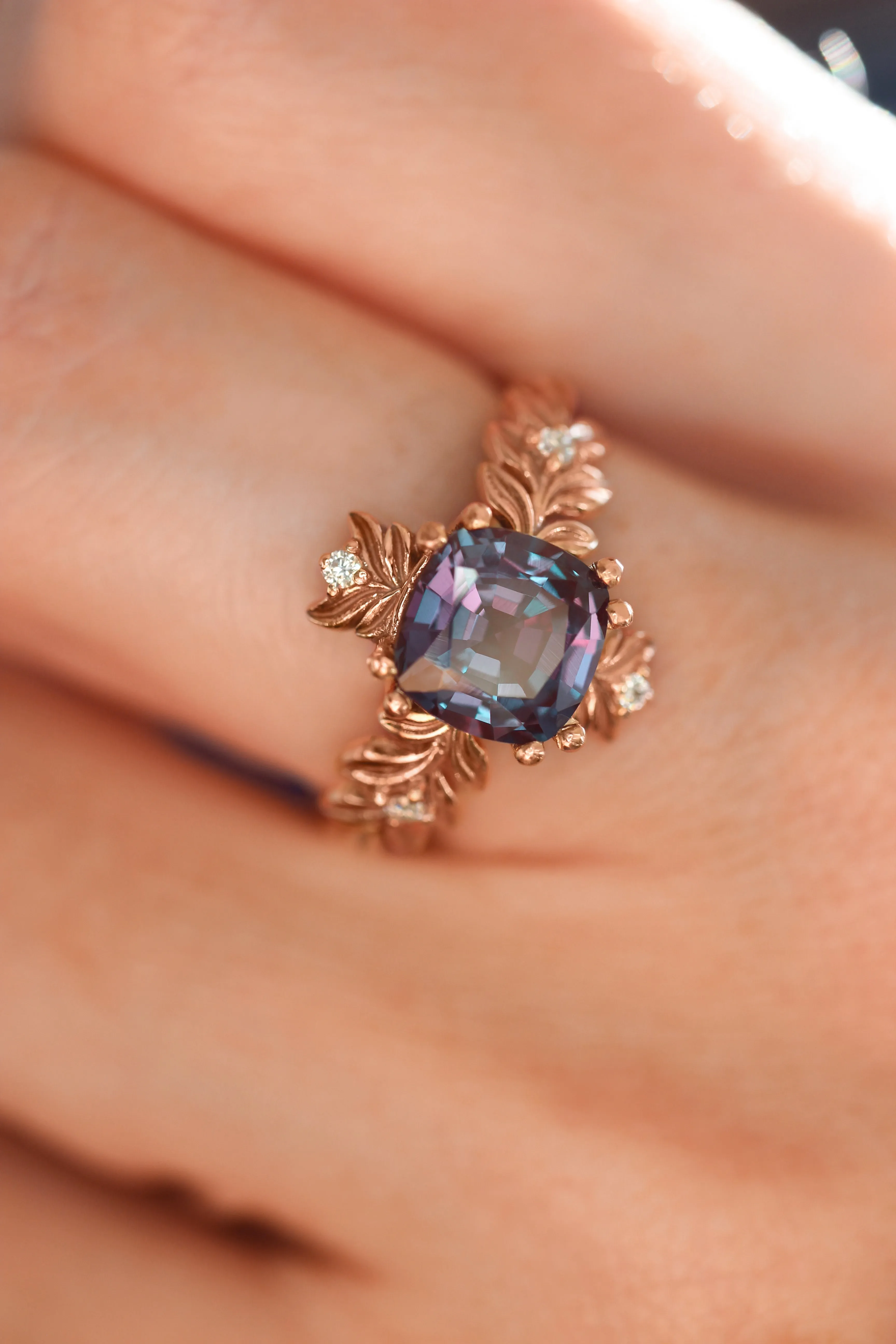 Cushion alexandrite ring with diamonds, leaf engagement ring