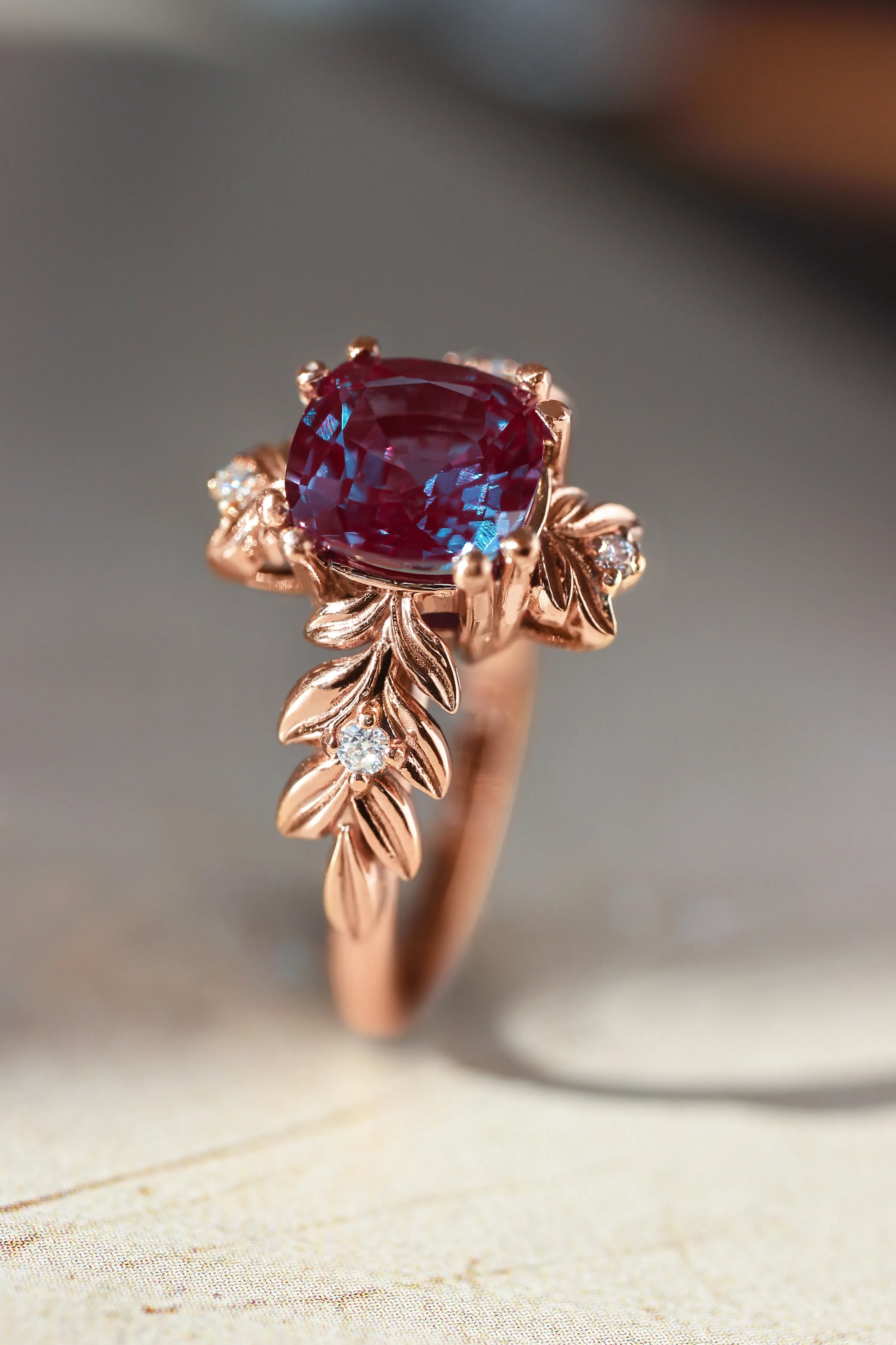 Cushion alexandrite ring with diamonds, leaf engagement ring