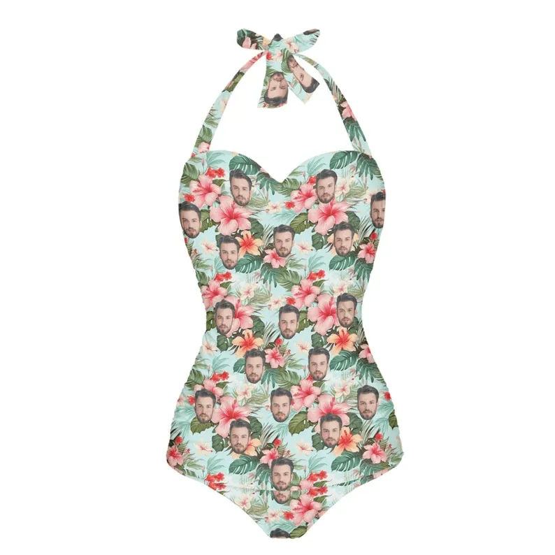 Custom Face Pink Flower Strap Personalized One-piece Retro Bikini Swimsuit Custom One Piece Bathing Suits