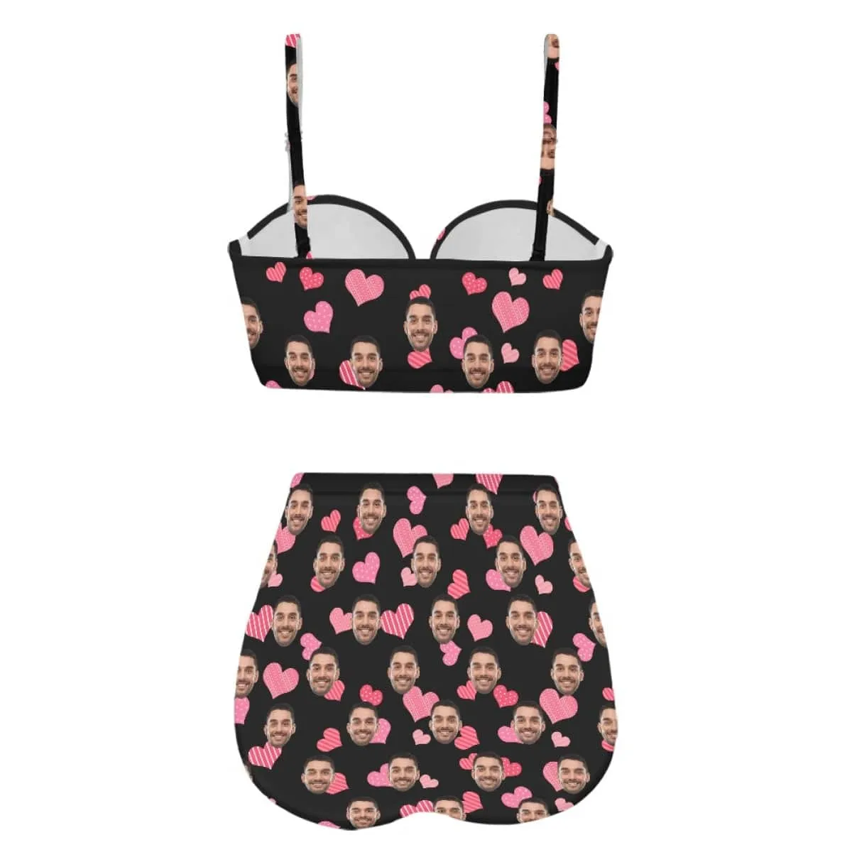 Custom Face Pink Heart Black High Waist Bikini Personalized Two-piece Swimsuit