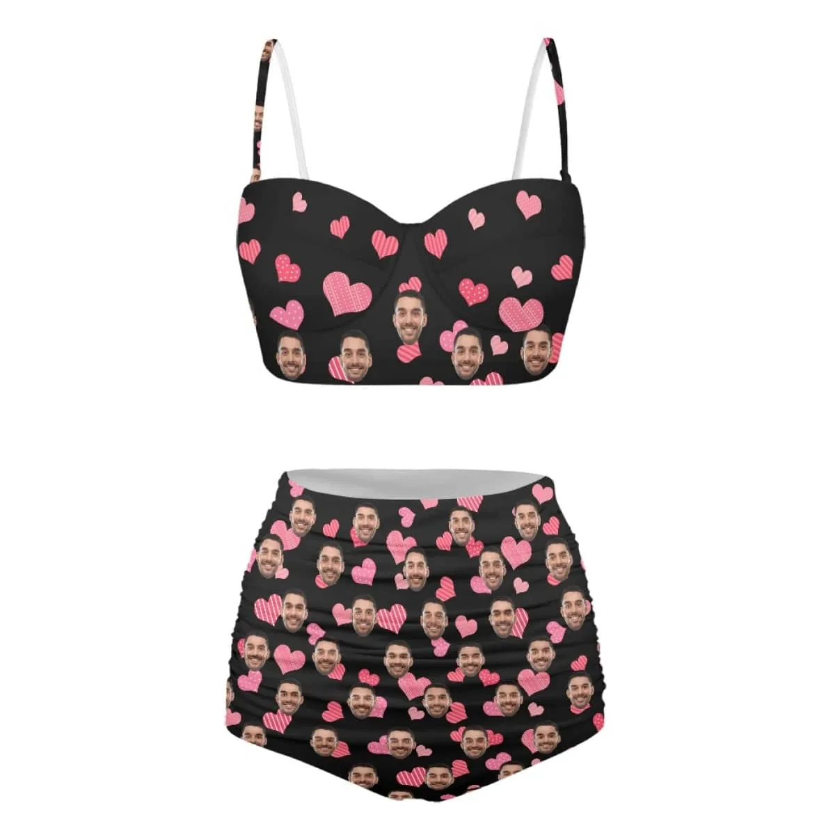 Custom Face Pink Heart Black High Waist Bikini Personalized Two-piece Swimsuit