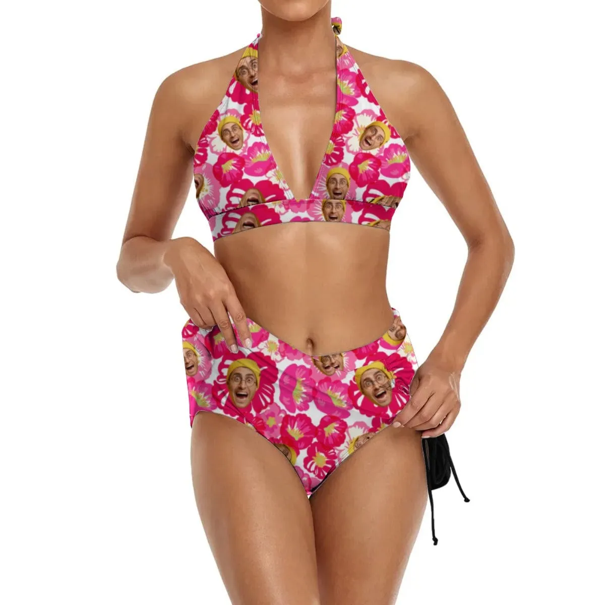 Custom Face Rose Red Flower Halter Neck Bikini Set Personalized Drawstring Bikini Skirt