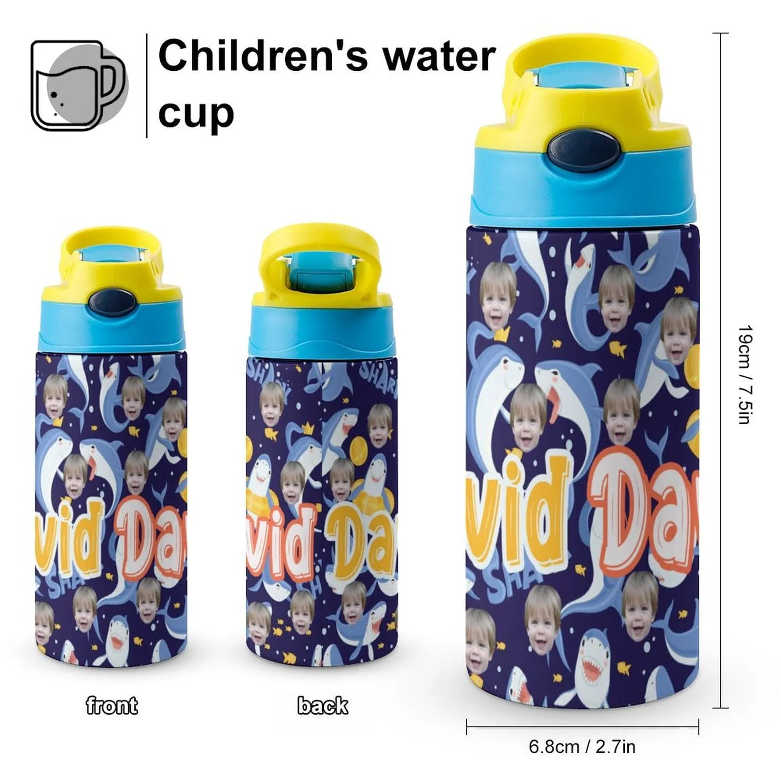 Custom Photo＆Name Personalised Shark Stainless Steel Kids Drink Bottles 500ml Water Bottle