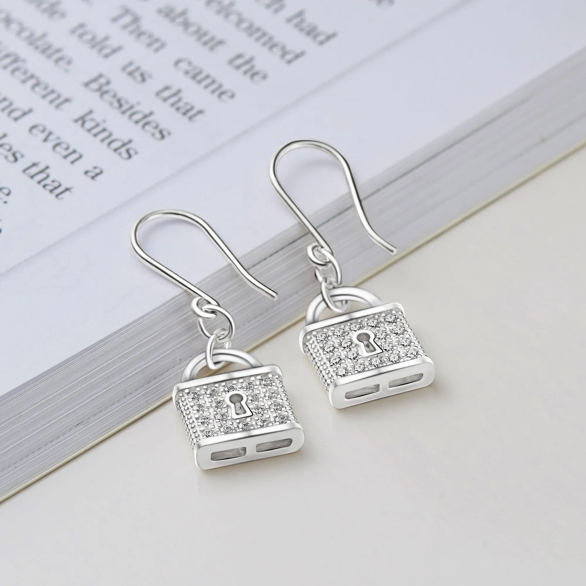 CZ Lock Earrings Silver