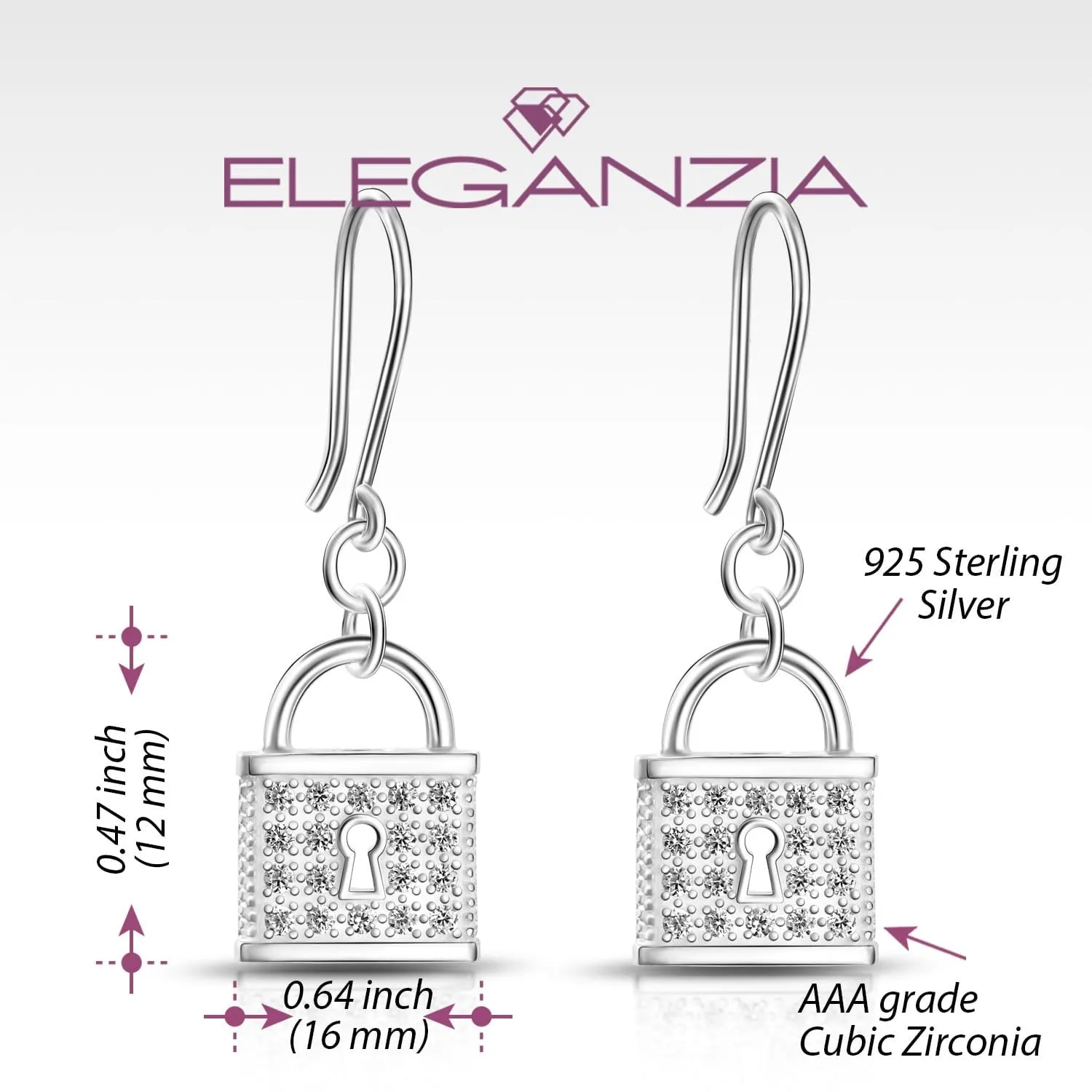 CZ Lock Earrings Silver