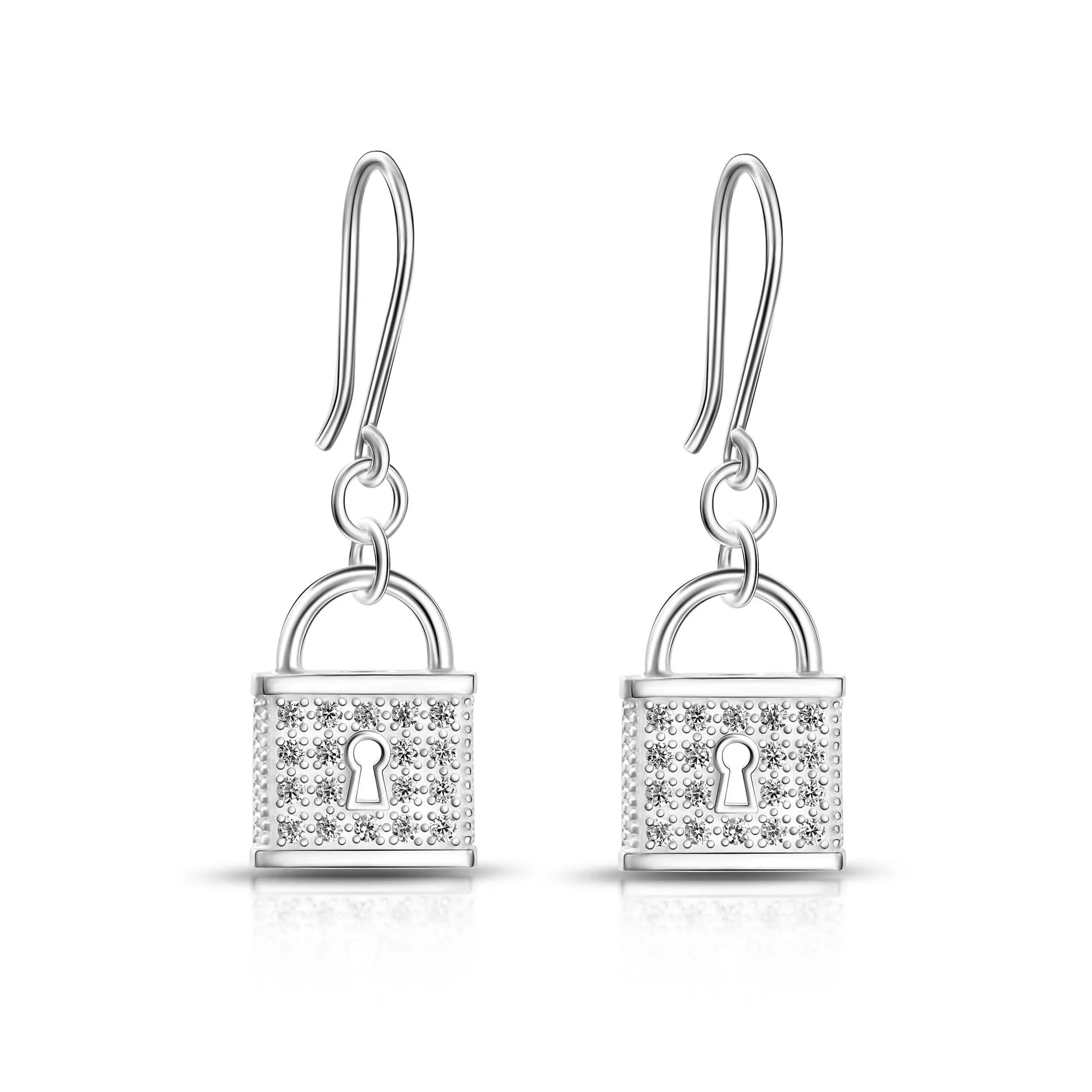 CZ Lock Earrings Silver