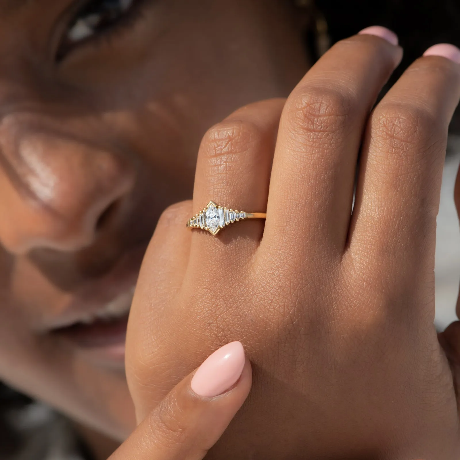 Dainty Deco Engagement Ring with Marquise Diamond