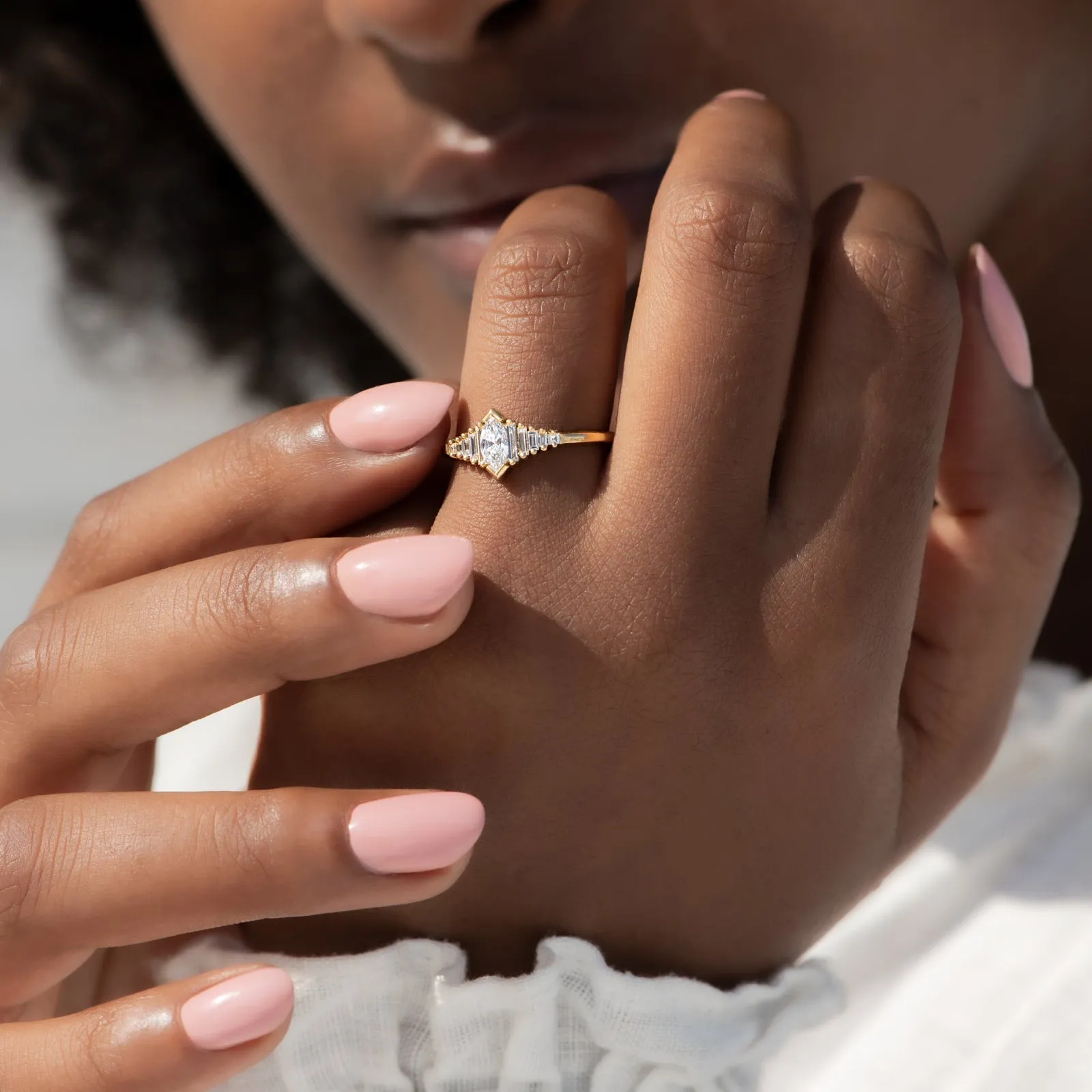 Dainty Deco Engagement Ring with Marquise Diamond