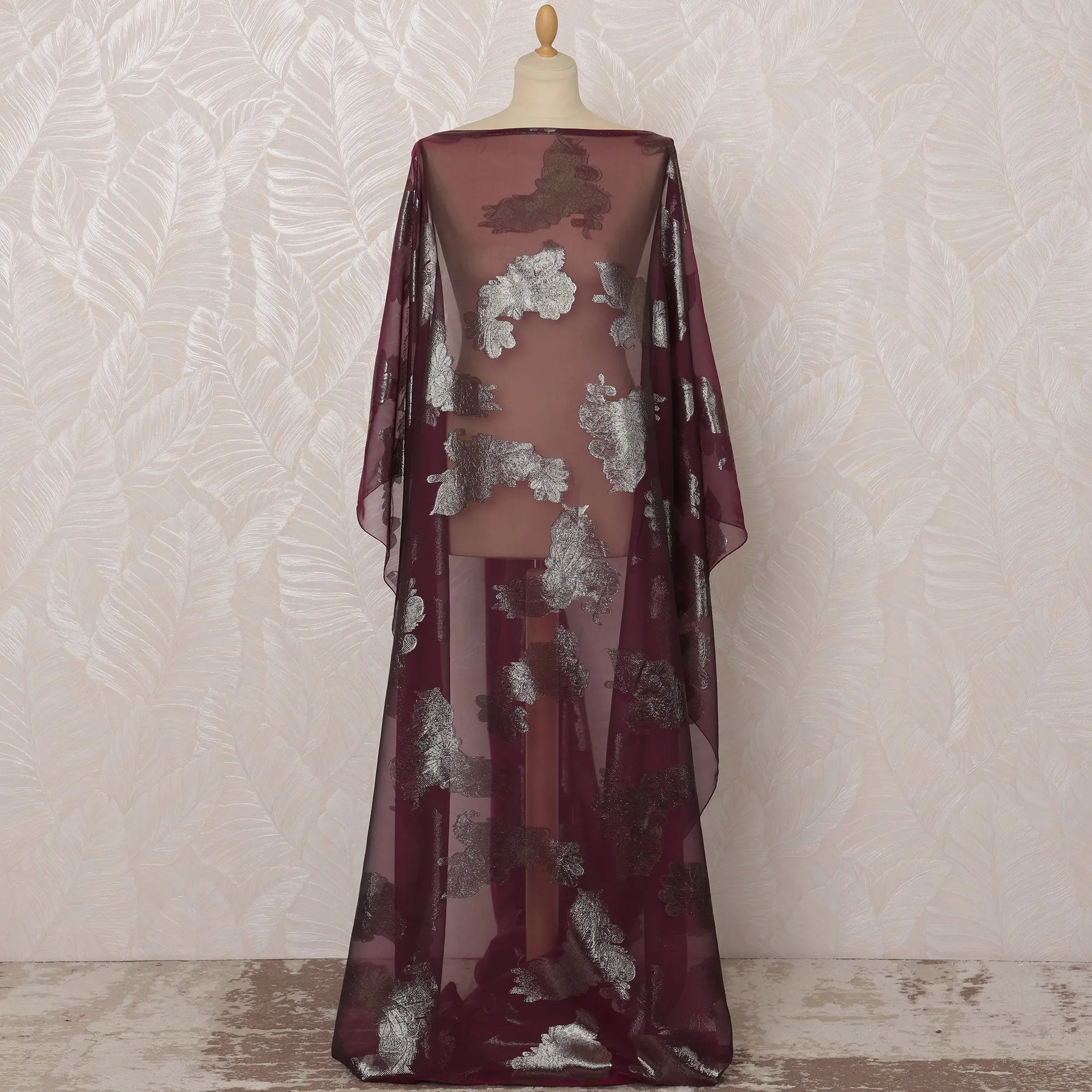 Deep Purple Floral French Silk (Fransawi) Chiffon Dirac Fabric with Metallic Lurex, 3.5 Meters, 140 cm Width-D20815