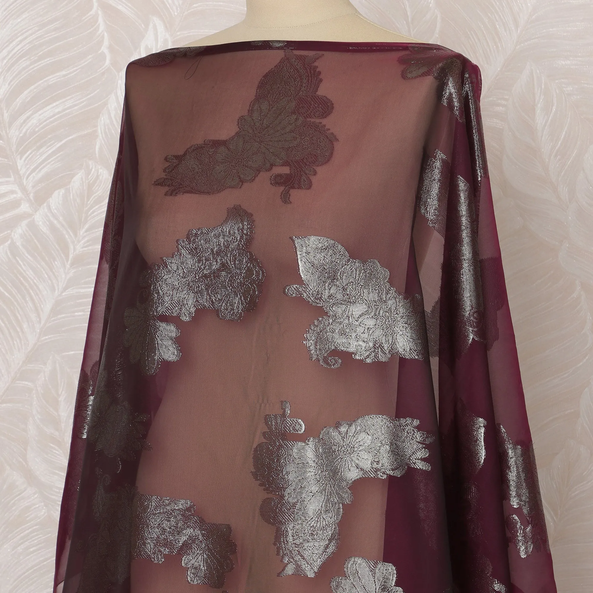 Deep Purple Floral French Silk (Fransawi) Chiffon Dirac Fabric with Metallic Lurex, 3.5 Meters, 140 cm Width-D20815