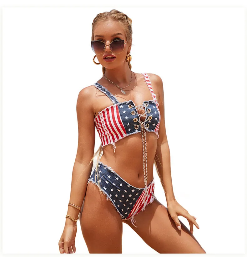 Denim-Bikini mit amerikanischer Flagge 