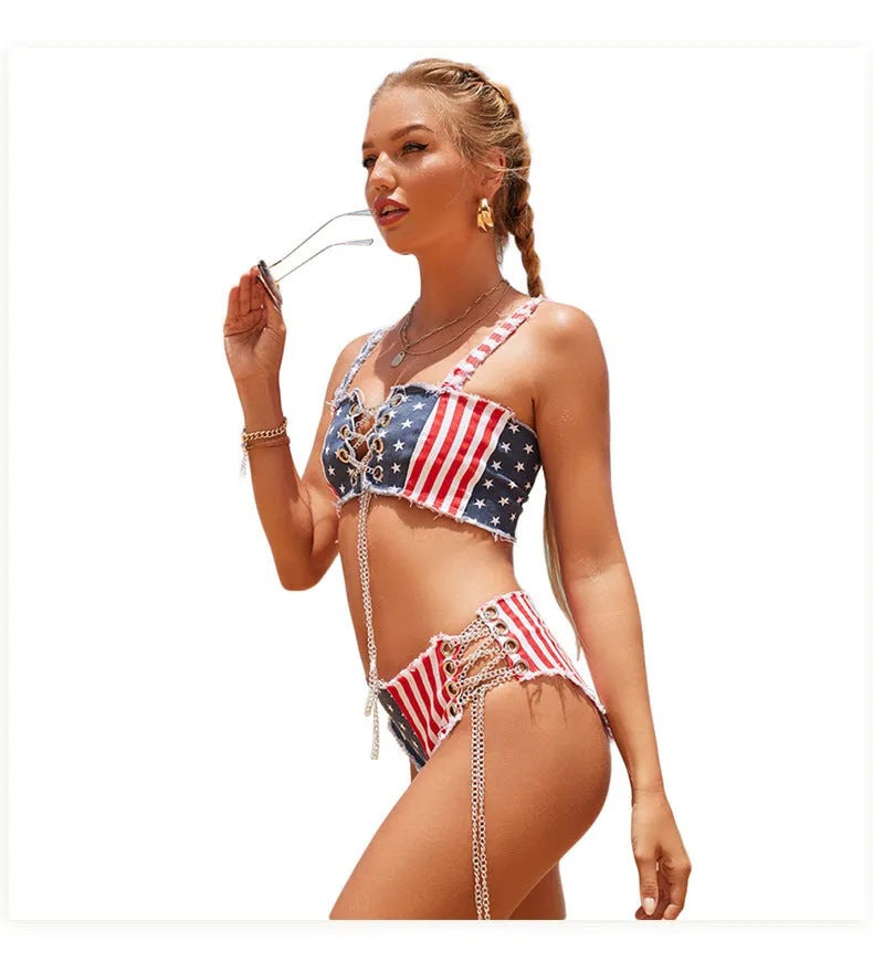 Denim-Bikini mit amerikanischer Flagge 