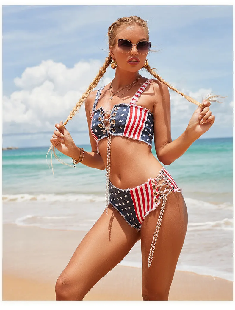 Denim-Bikini mit amerikanischer Flagge 