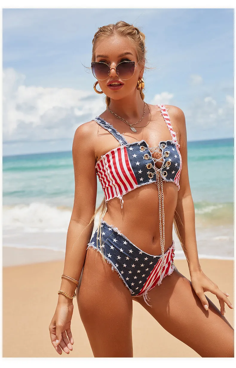 Denim-Bikini mit amerikanischer Flagge 