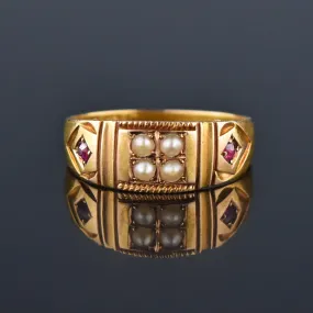 DEPOSIT Antique 15K Gold Ruby Pearl Gypsy Band Ring, C 1880s