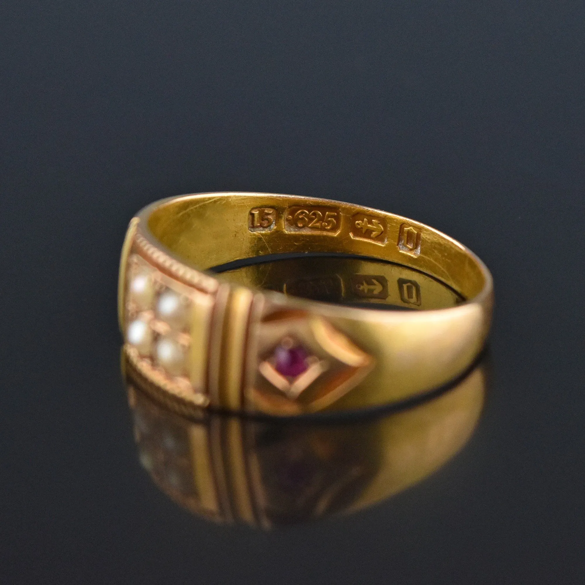 DEPOSIT Antique 15K Gold Ruby Pearl Gypsy Band Ring, C 1880s