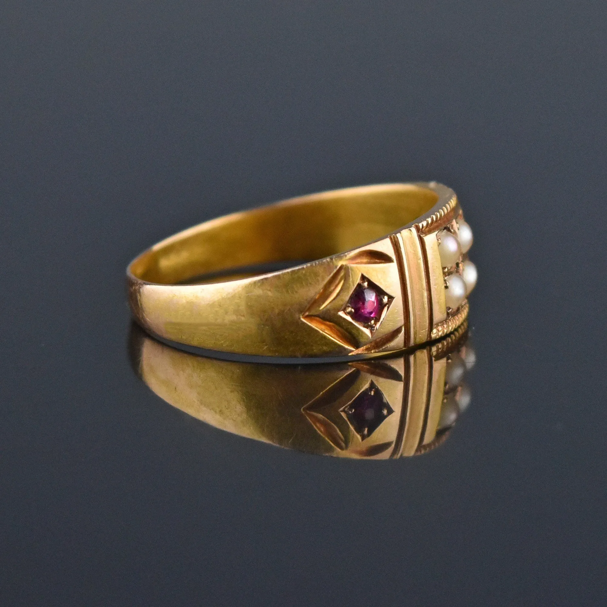 DEPOSIT Antique 15K Gold Ruby Pearl Gypsy Band Ring, C 1880s