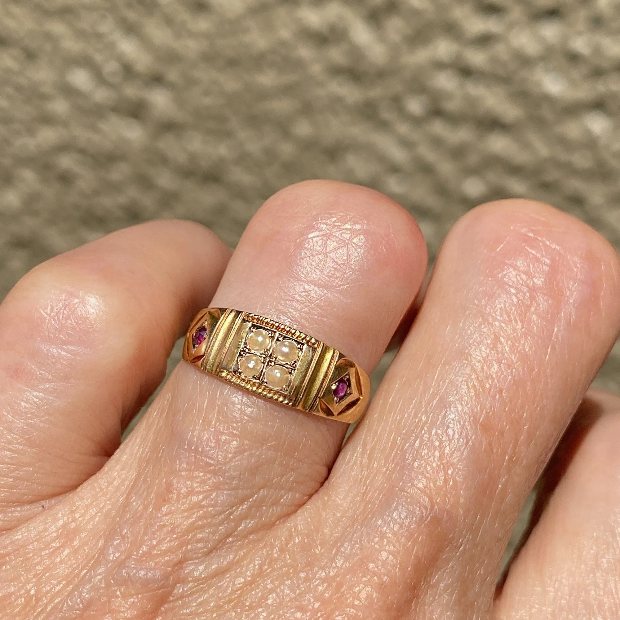 DEPOSIT Antique 15K Gold Ruby Pearl Gypsy Band Ring, C 1880s