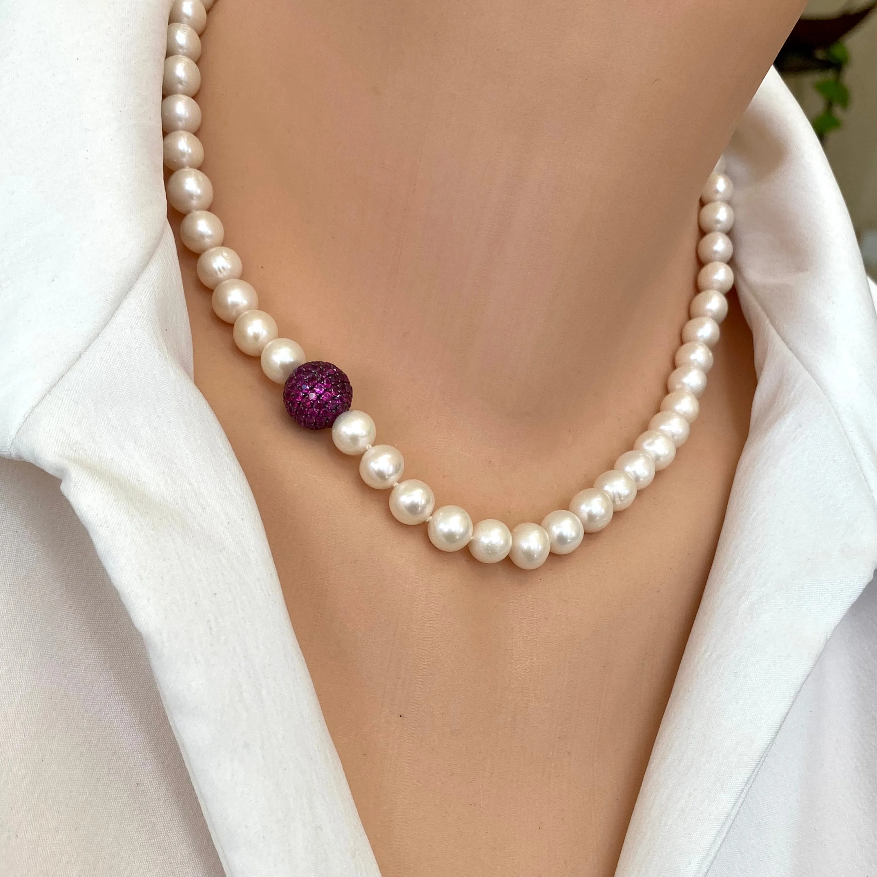 Elegant Freshwater White Pearls Necklace, Ruby Red CZ Pave Silver Ball Accent & Magnetic Clasp, 17.5in