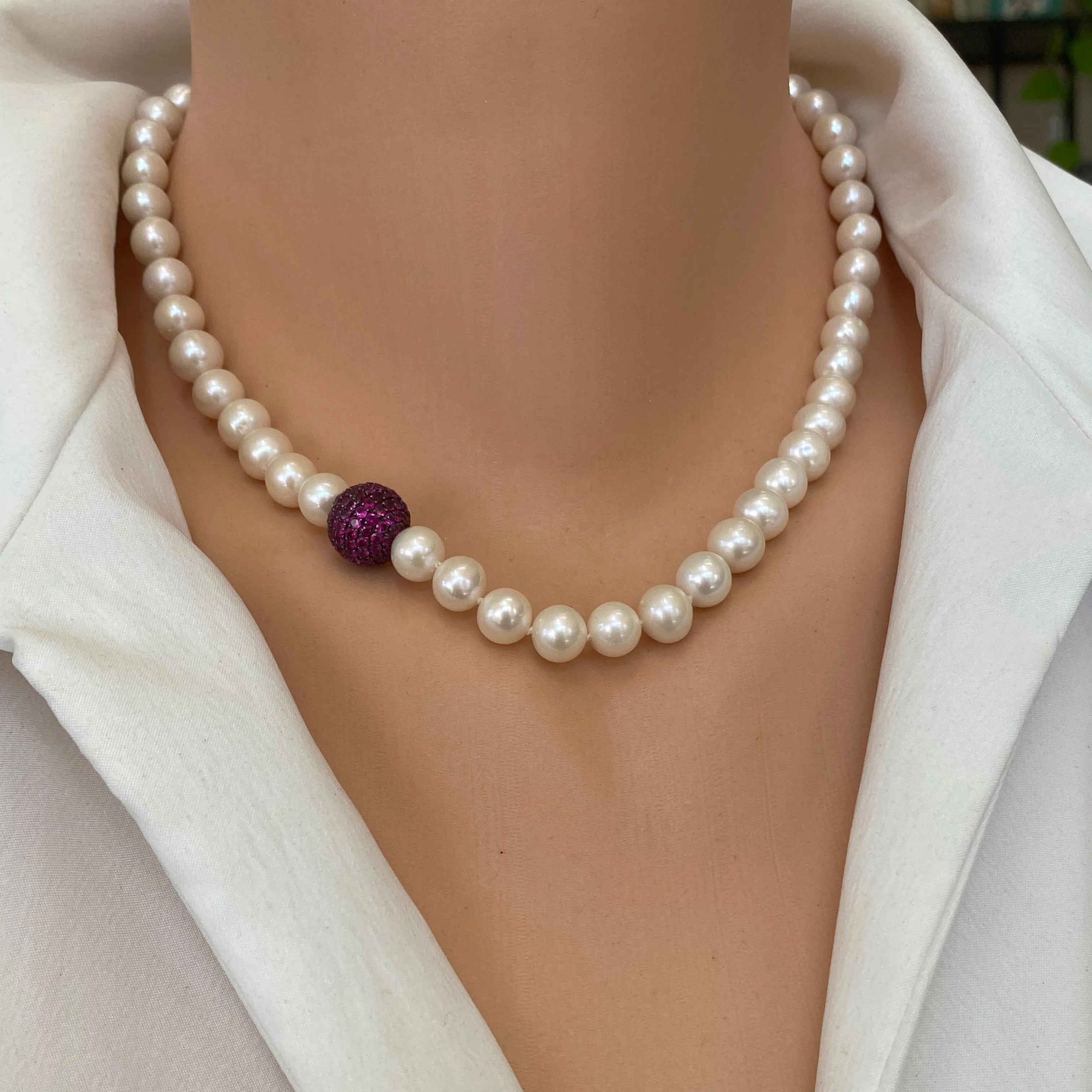 Elegant Freshwater White Pearls Necklace, Ruby Red CZ Pave Silver Ball Accent & Magnetic Clasp, 17.5in