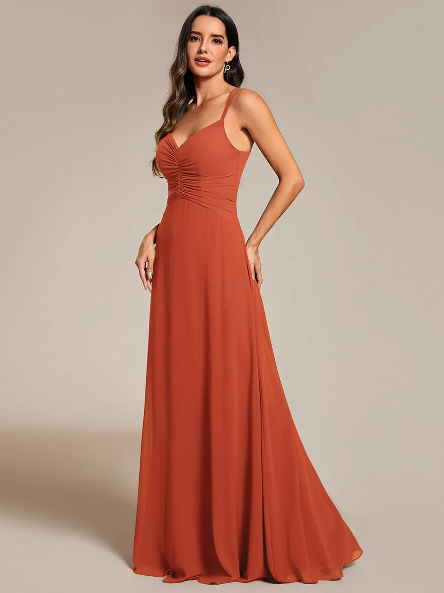 Elegant V Neck Spaghetti Straps Bridesmaids Dress Ruched Empire Waist Floor Length Chiffon Dresses