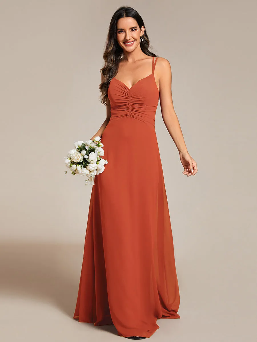 Elegant V Neck Spaghetti Straps Bridesmaids Dress Ruched Empire Waist Floor Length Chiffon Dresses