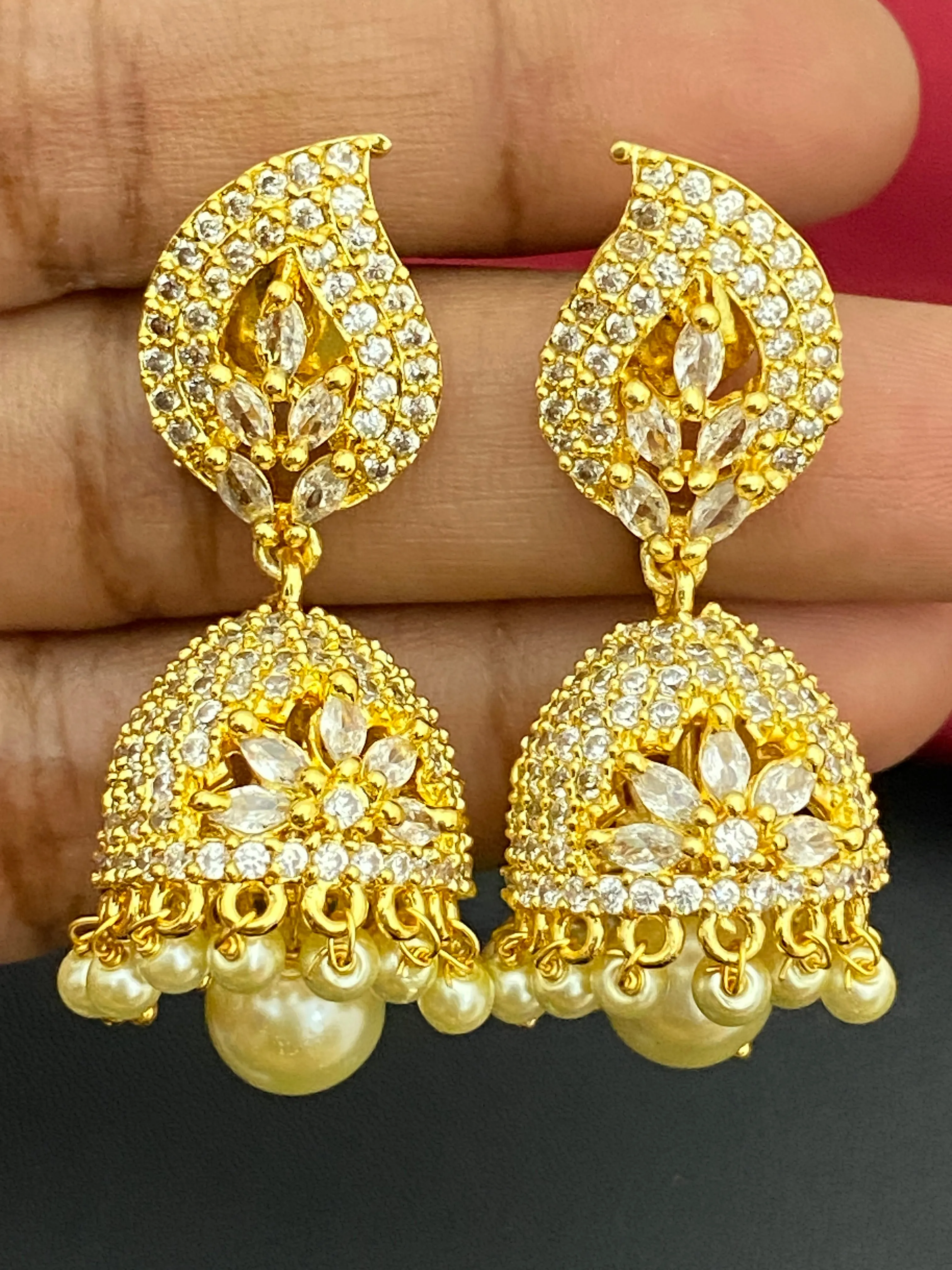 Elegant White Stoned Traditional Wear Jhumka Earrings