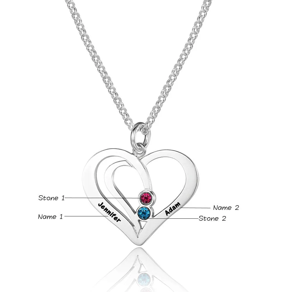 Engraved 2 Birthstone Heart Mother's Necklace - 2 Engraved Names 2 Stones