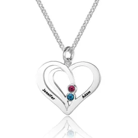 Engraved 2 Birthstone Heart Mother's Necklace - 2 Engraved Names 2 Stones