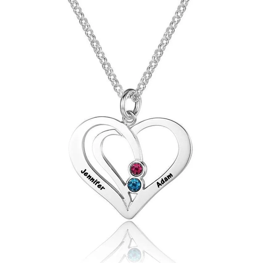 Engraved 2 Birthstone Heart Mother's Necklace - 2 Engraved Names 2 Stones