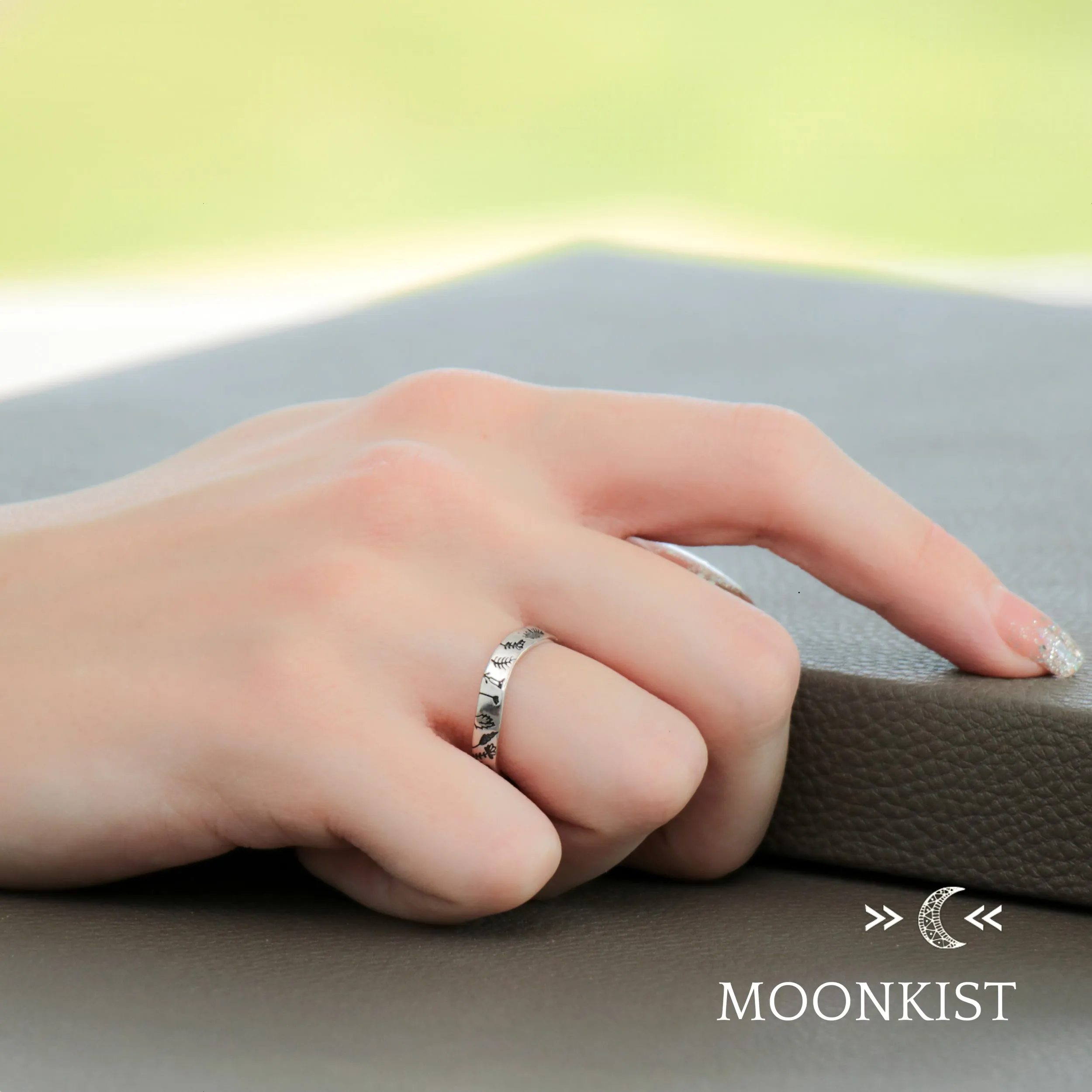 Engraved Flower Curved Sterling Silver Ring | Moonkist Designs