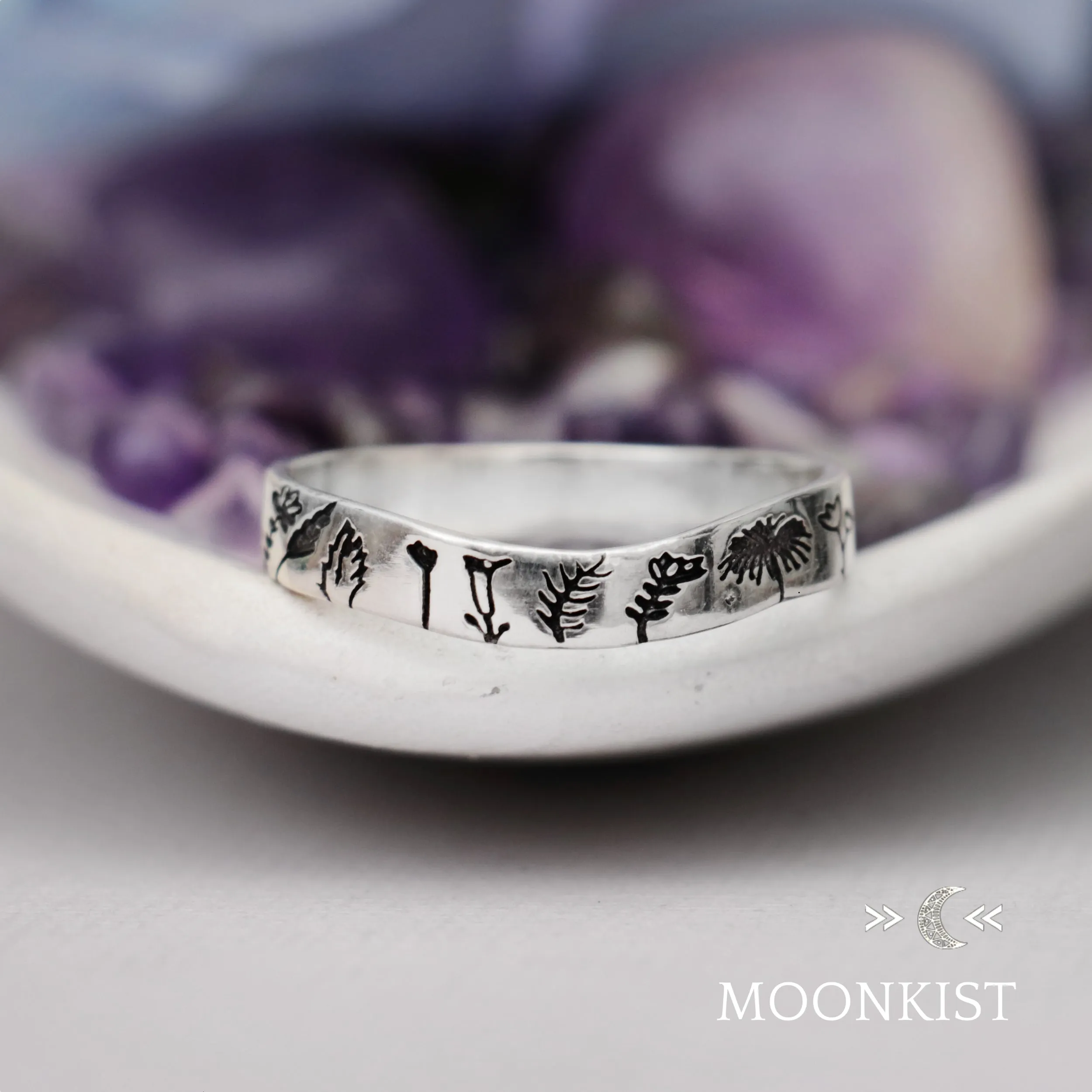 Engraved Flower Curved Sterling Silver Ring | Moonkist Designs