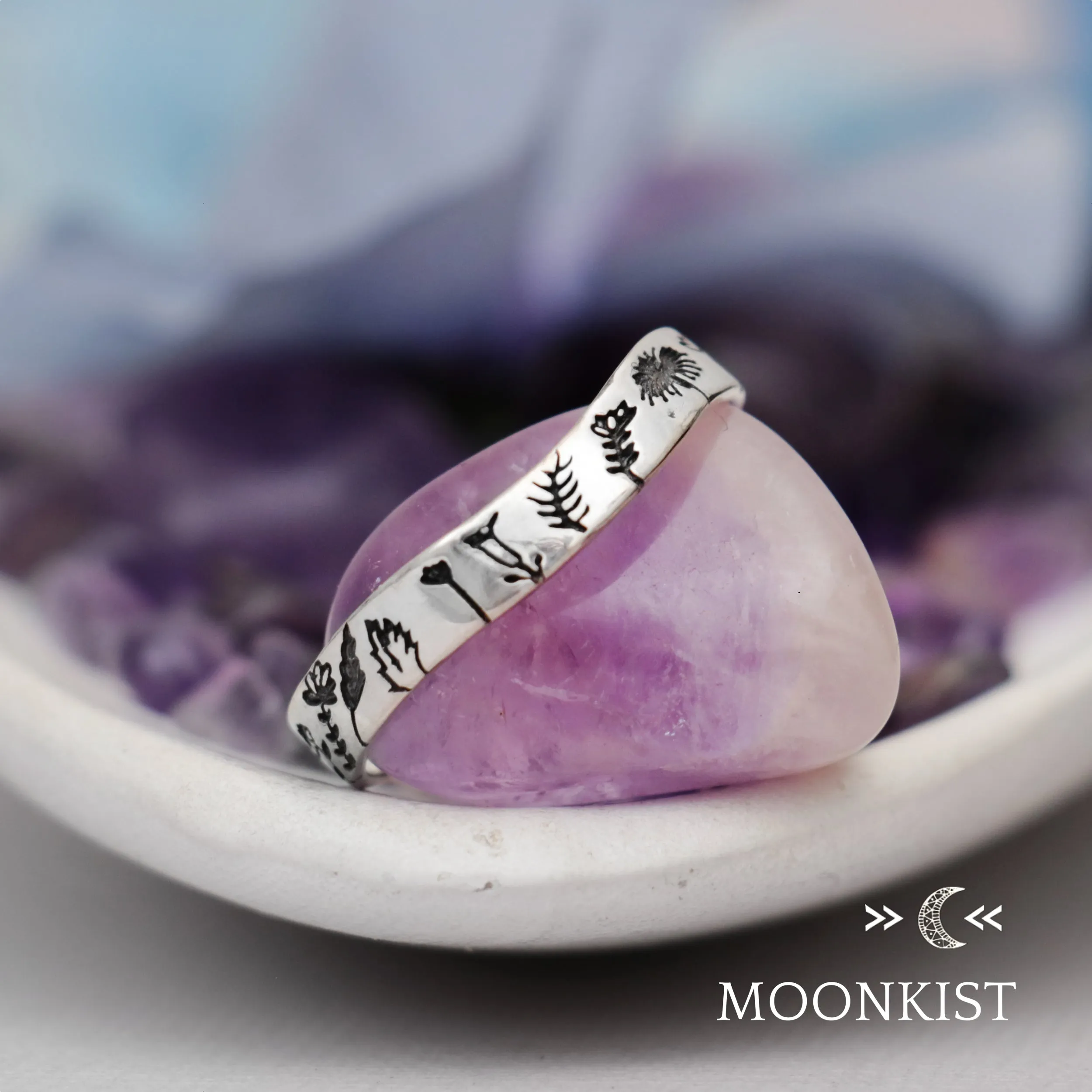 Engraved Flower Curved Sterling Silver Ring | Moonkist Designs