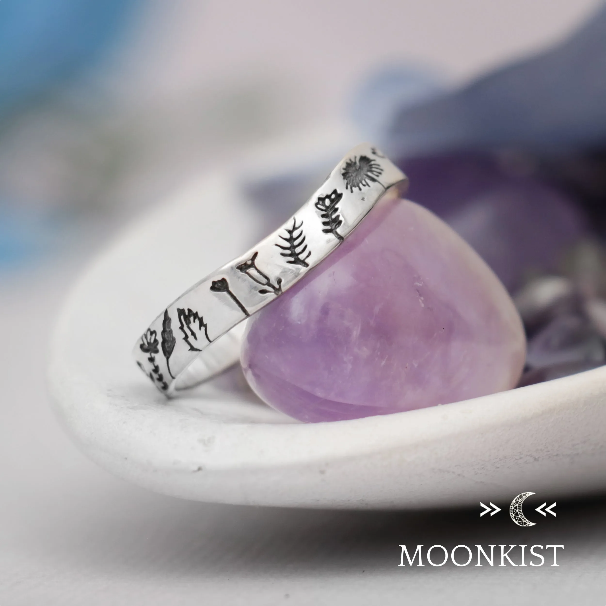 Engraved Flower Curved Sterling Silver Ring | Moonkist Designs