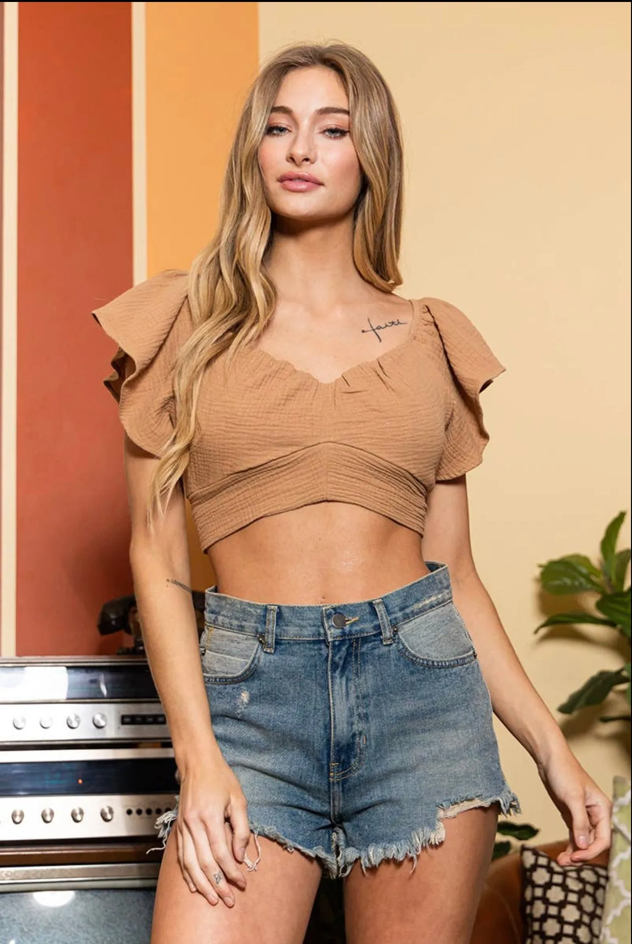 Gauze Short Sleeve Ruffle Neckline Crop Top