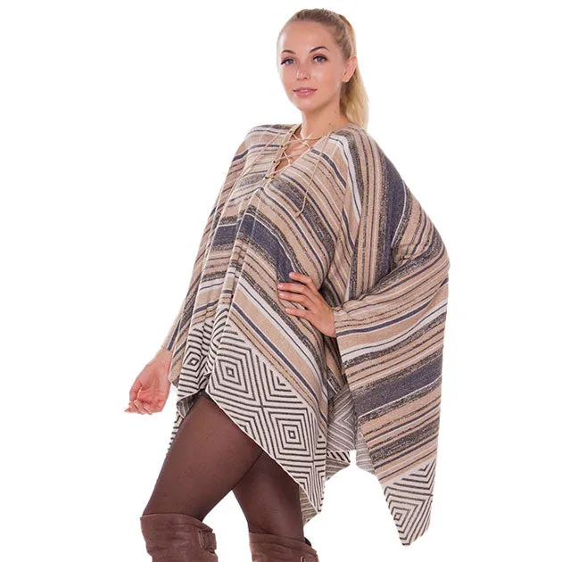 Geometric Stripe Lace Up Detail Poncho Wrap