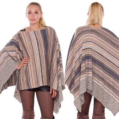 Geometric Stripe Lace Up Detail Poncho Wrap