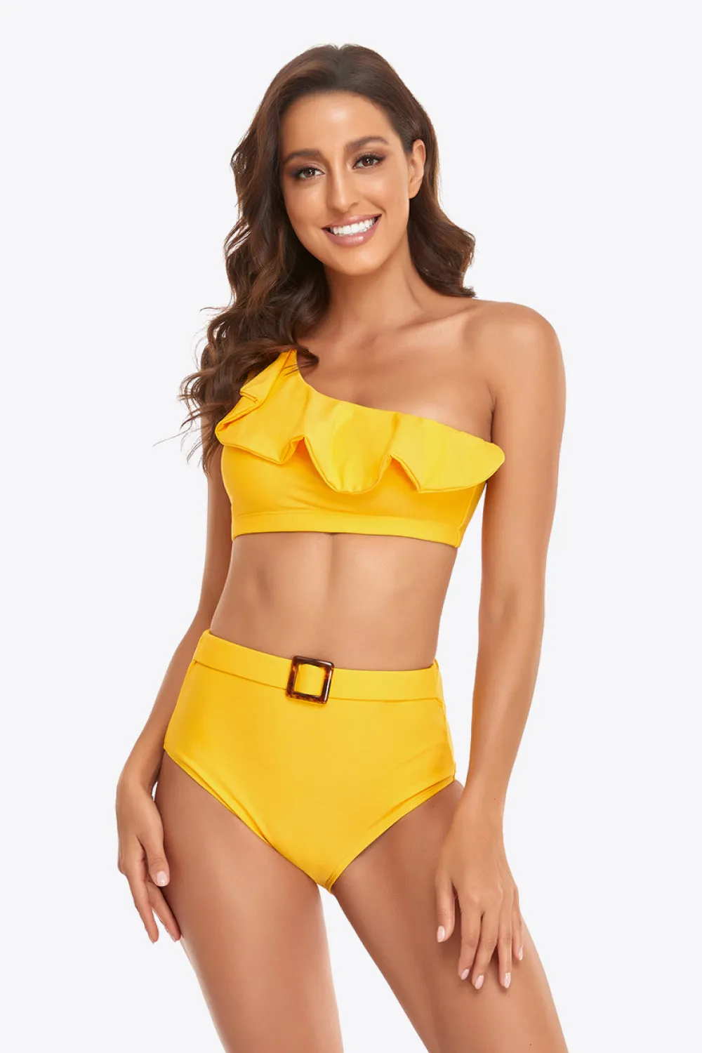 Gerüschtes One-Shoulder-Bikini-Set mit Schnalle