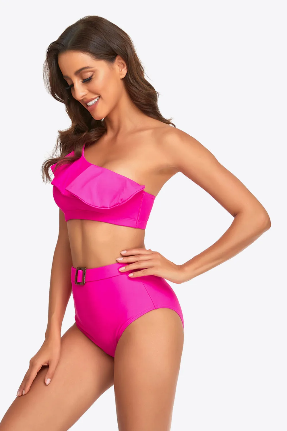 Gerüschtes One-Shoulder-Bikini-Set mit Schnalle