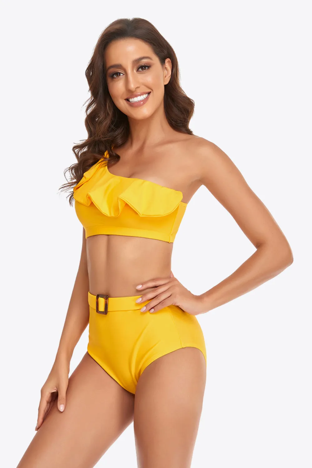 Gerüschtes One-Shoulder-Bikini-Set mit Schnalle