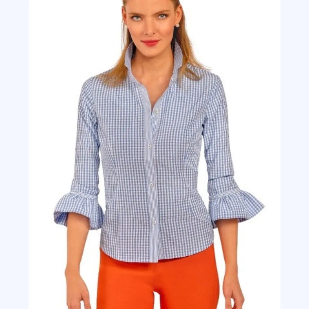 Gingham Button-Front Ruffle Cuff Shirt