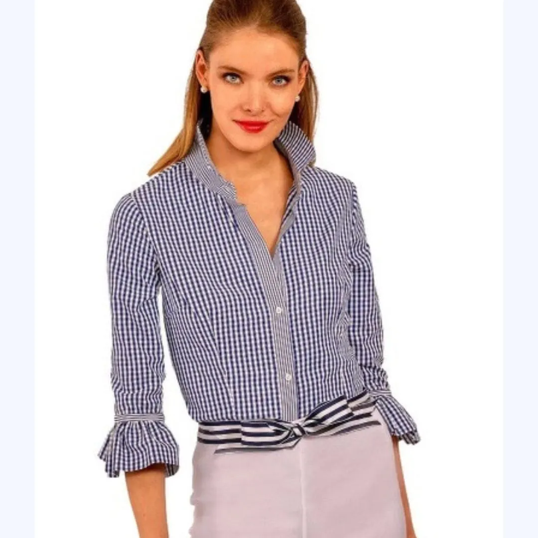 Gingham Button-Front Ruffle Cuff Shirt